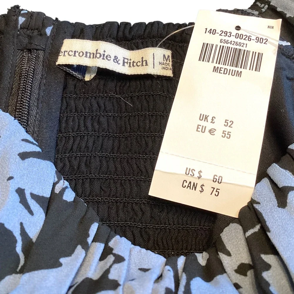 Abercrombie & Fitch Blue Black Floral Puff Sleeve Smocked Crop Top Medium New